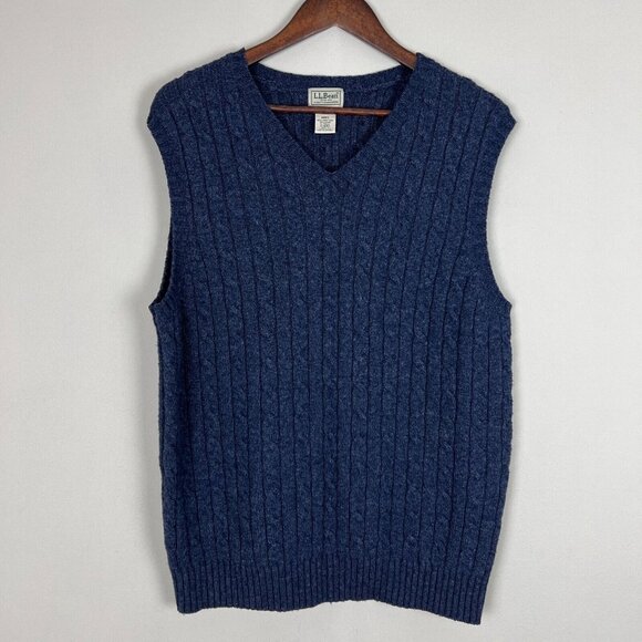 LL Bean Lambswool Sweater Vest Mens Large Tall LT Blue Cable Knit V Neck Classic - Picture 1 of 7